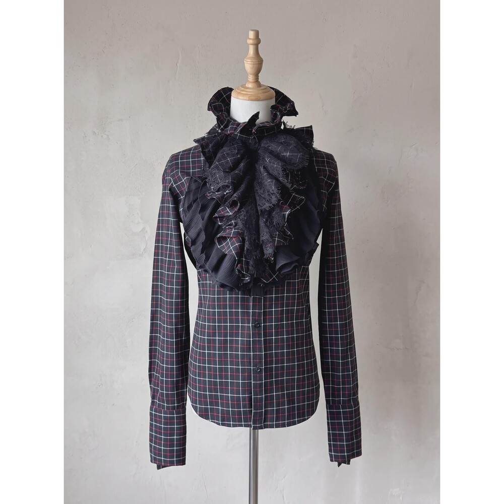 Ralph Lauren Blue Label c. 2000s Lace Jabot Ruffle Shirt in Black Tattersall | 6